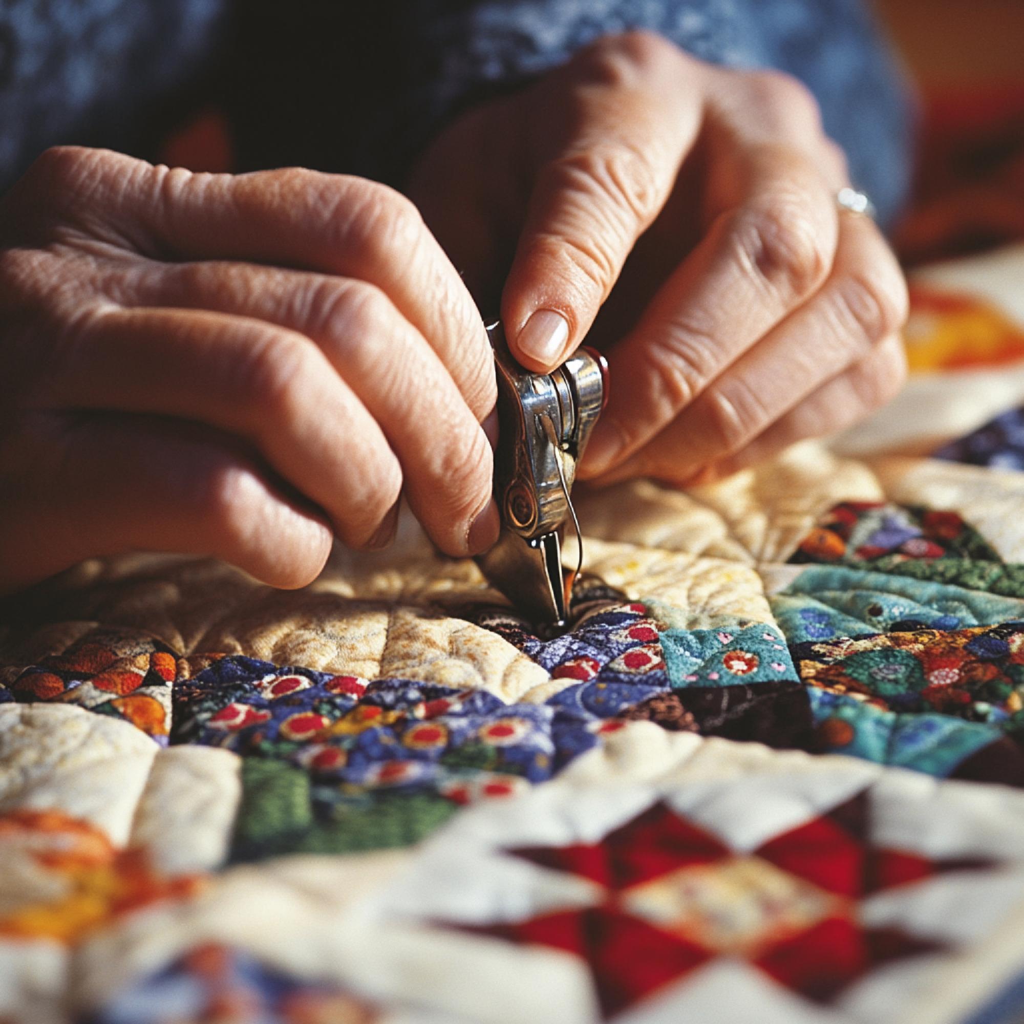 Craftsman sewing precise geometric embroidery